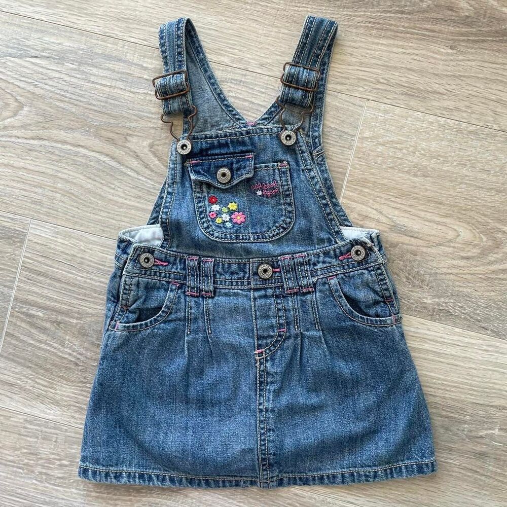 Oshkosh B'gosh Girls Denim Overall Dress Embroidered Flowers Retro Cottage Sweet